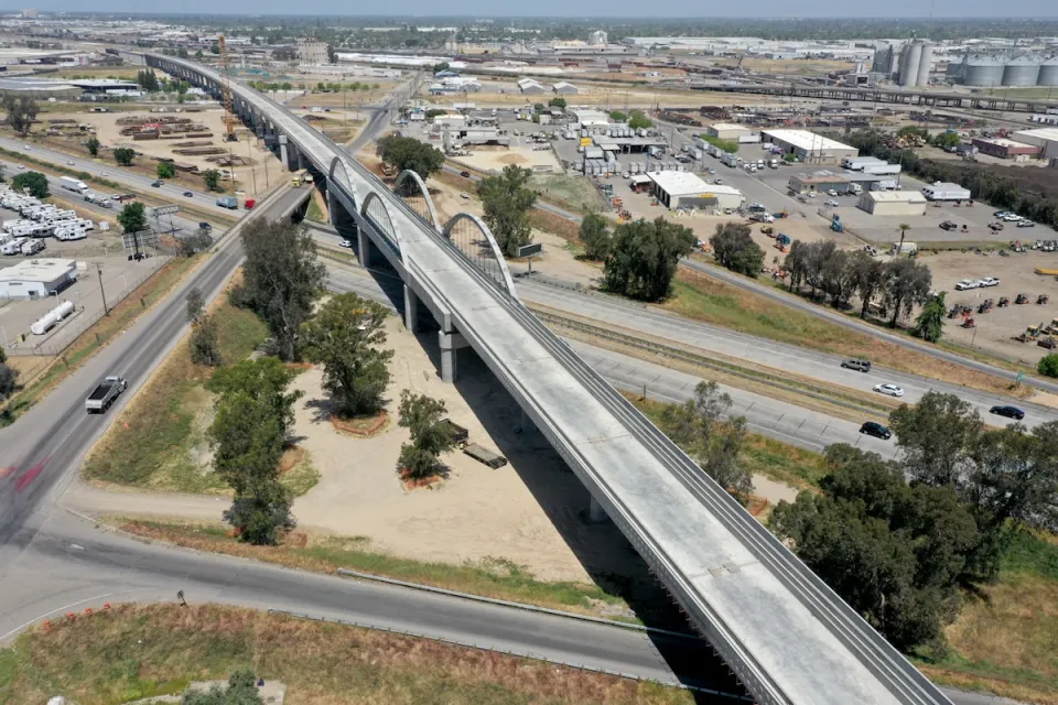 Aerial view of Cedar Viaduct under construction for California high-speed rail train in Fresno, California.
